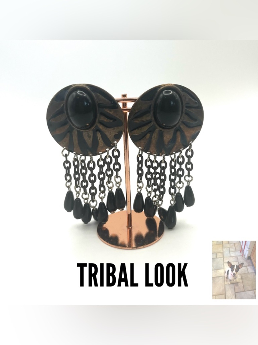 Tribal Look Copper Color And Black Pierced Drop Earrings